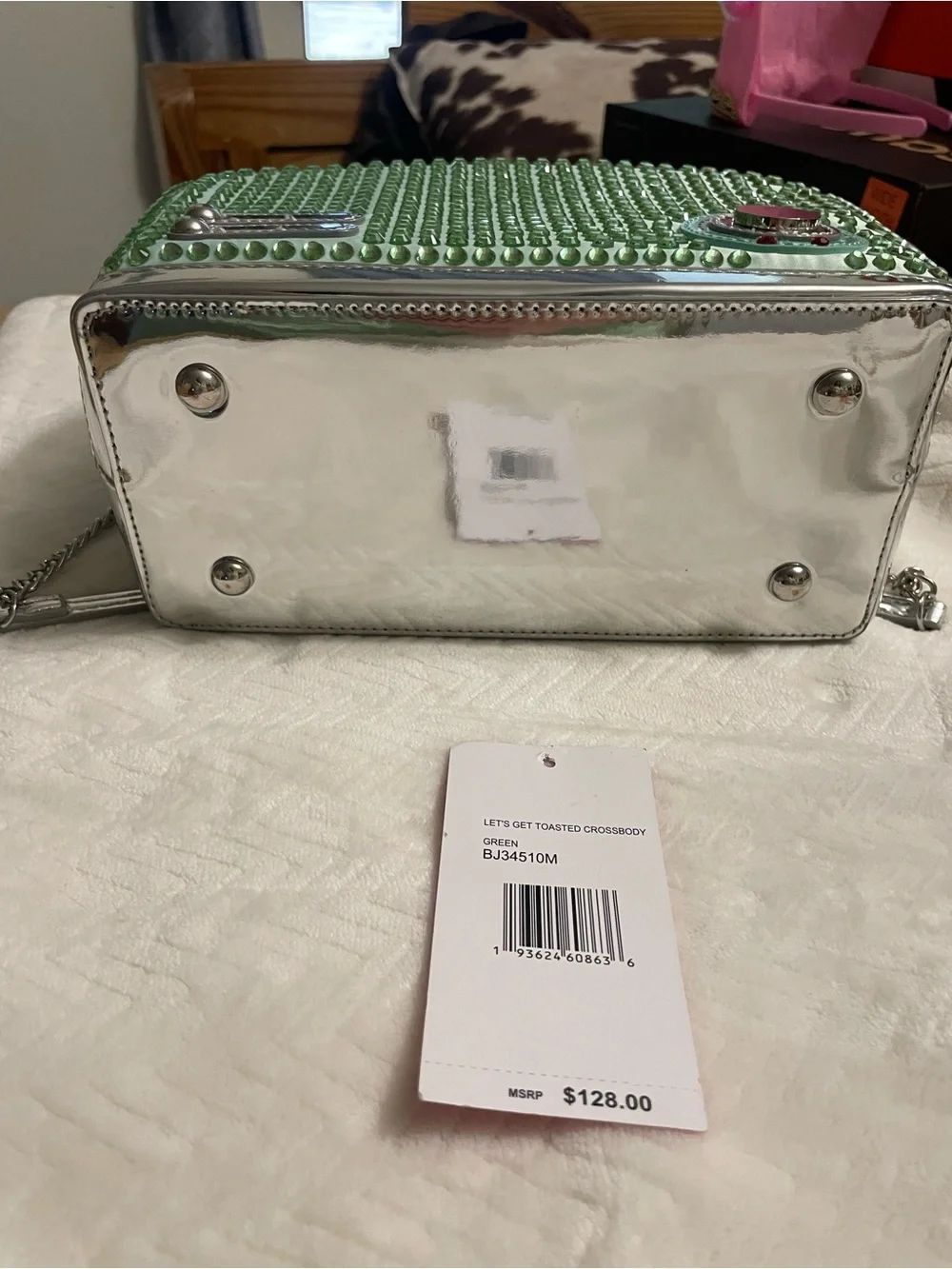 Betsey Johnson Green Rhinestone Retro “Lets Get Toasted” Crossbody Bag